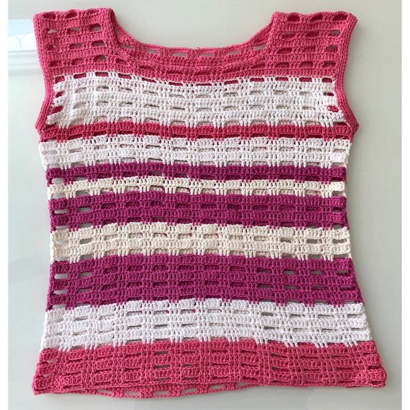 1970s Top, Size M, Vintage Crochet Shirt, Pink Knit Sleeveless Shirt - Picture 6 of 10